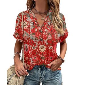 Enno Red Abstract Floral Button Front Top Women Size M